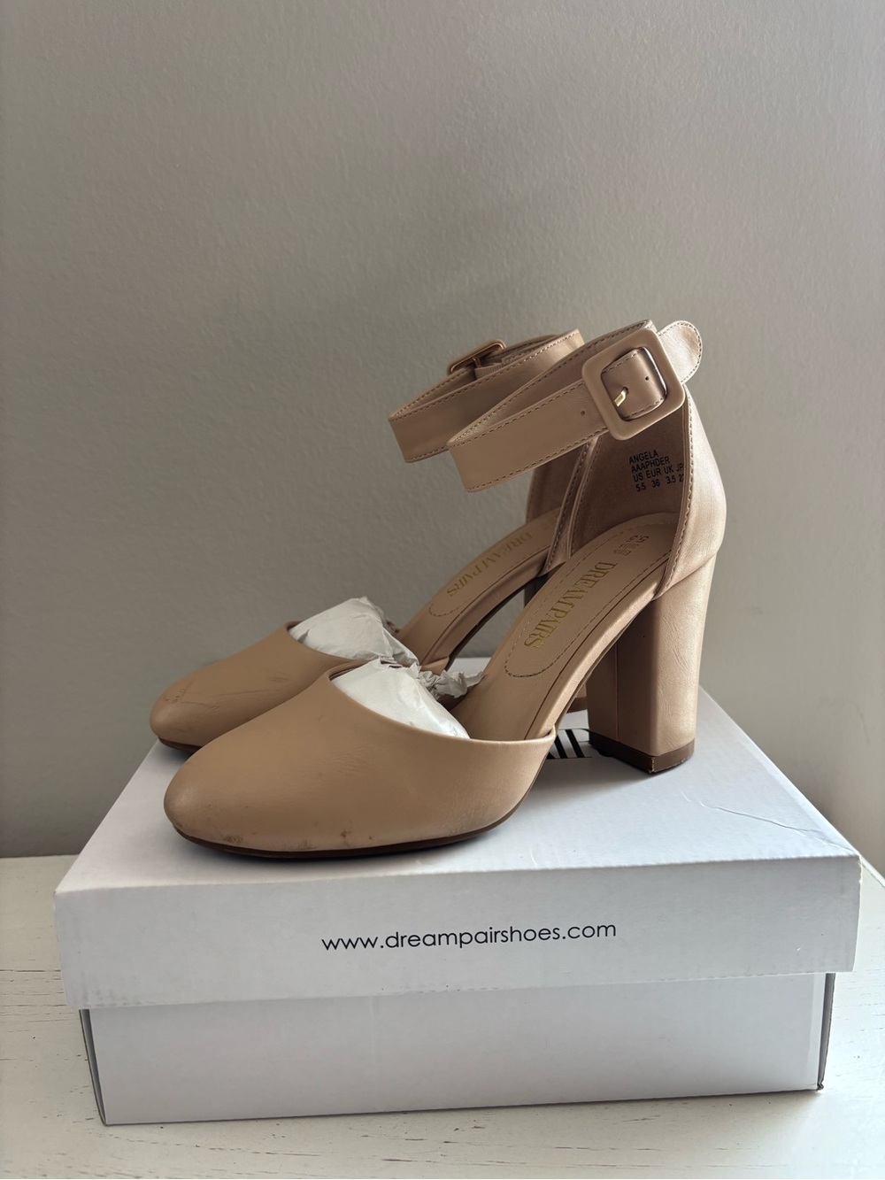 Dream Pairs Beige Block Heel Ankle Strap Pumps Size 5.5 Classic Dress Heels